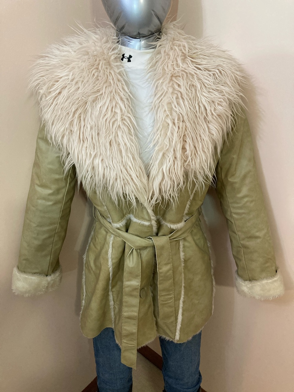 Faux Fur Trim Olive-Cream Belted Jacket
